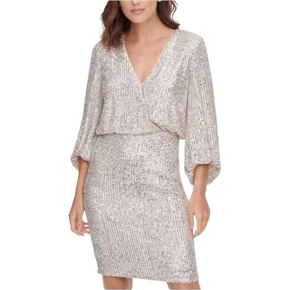 Eliza J. Sequin Evening Dress in Nude and silver with Puff Sleeves surplice even - Picture 3 of 16